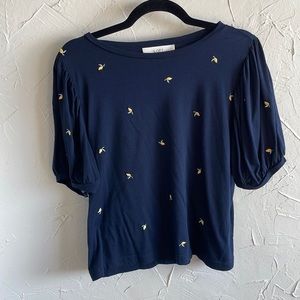 Loft navy embroidered lemons ruffle sleeve L